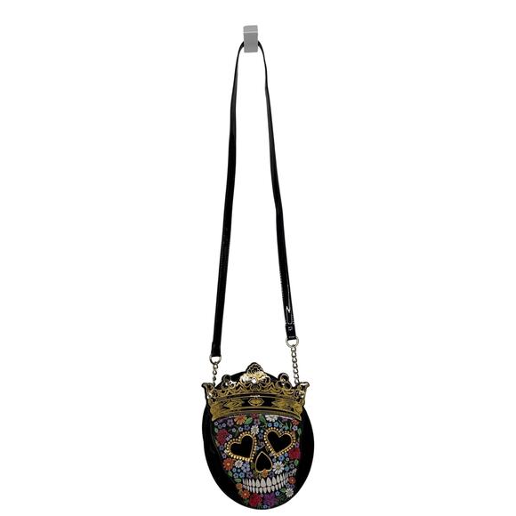 Betsey Johnson Floral Sugar Skull Crown gem black round Crossbody Bag - Picture 2 of 15